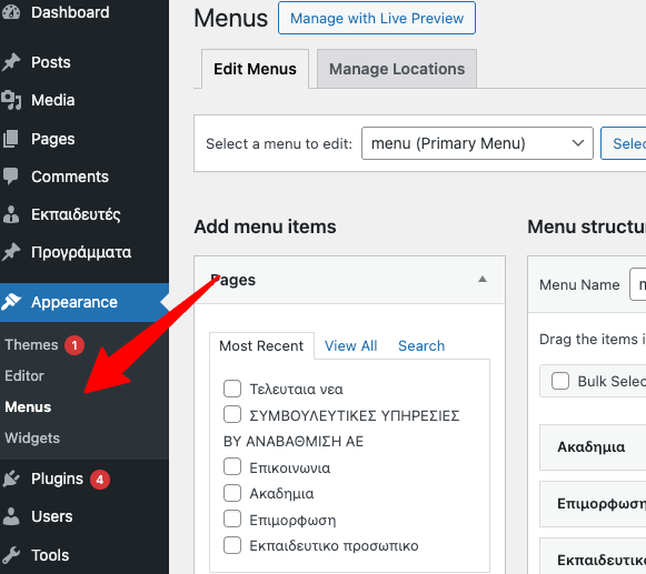 Οθόνη Διαχείρισης Μενού WordPress
